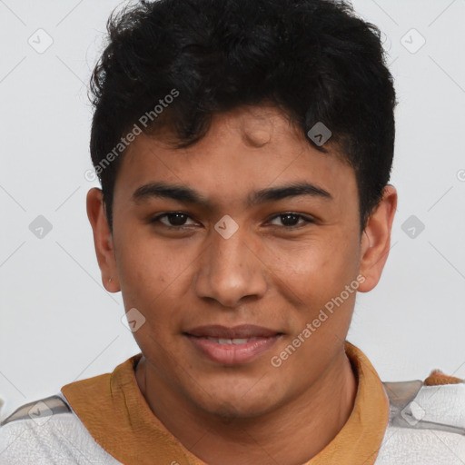 Joyful latino young-adult male with short  brown hair and brown eyes