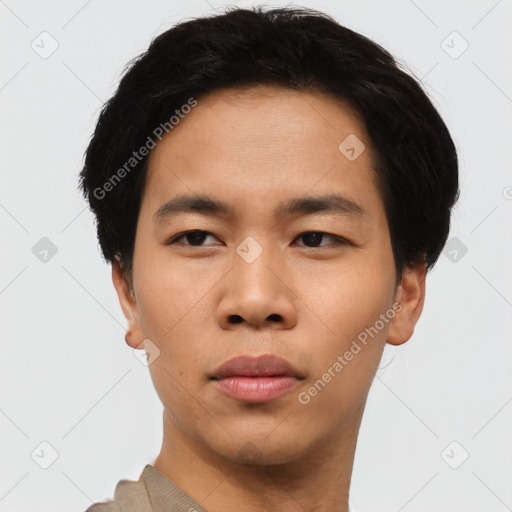 Neutral asian young-adult male with short  black hair and brown eyes