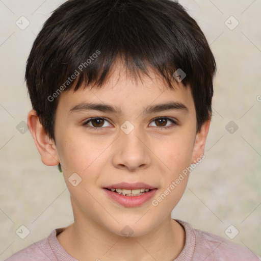 Joyful white child male with short  brown hair and brown eyes