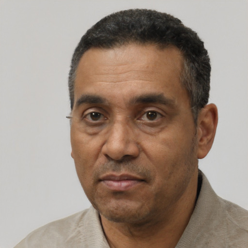Neutral black adult male with short  black hair and brown eyes