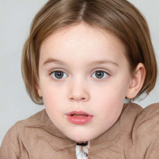 Neutral white child female with medium  brown hair and blue eyes