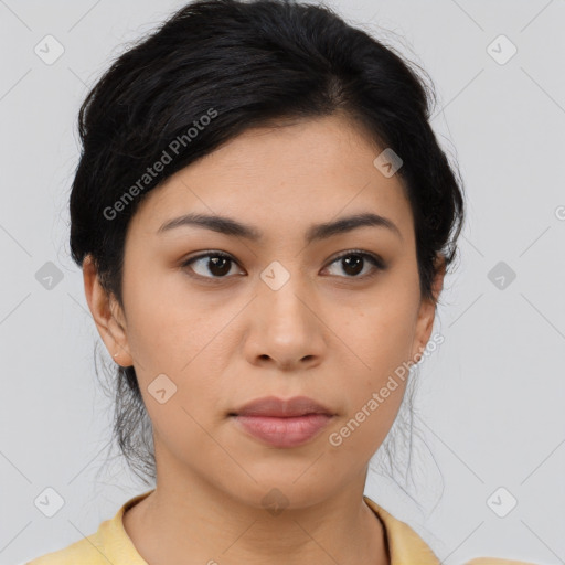 Neutral asian young-adult female with medium  black hair and brown eyes