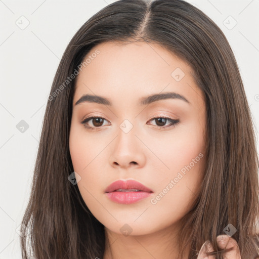 Neutral asian young-adult female with long  brown hair and brown eyes