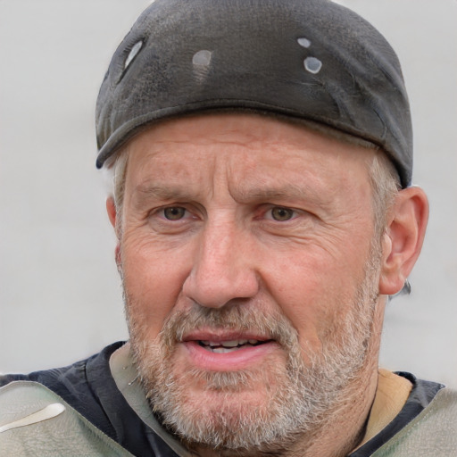 Joyful white middle-aged male with short  gray hair and grey eyes