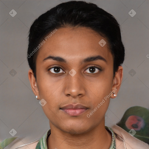 Neutral asian young-adult female with short  black hair and brown eyes