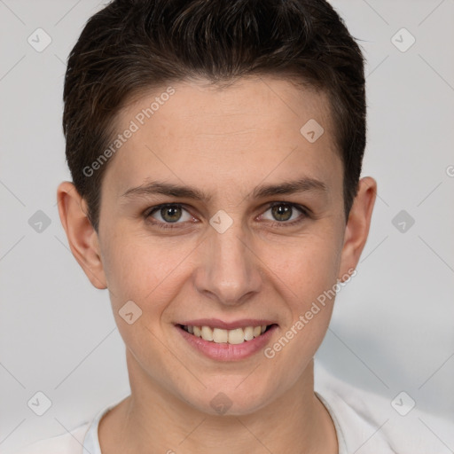 Joyful white young-adult female with short  brown hair and brown eyes