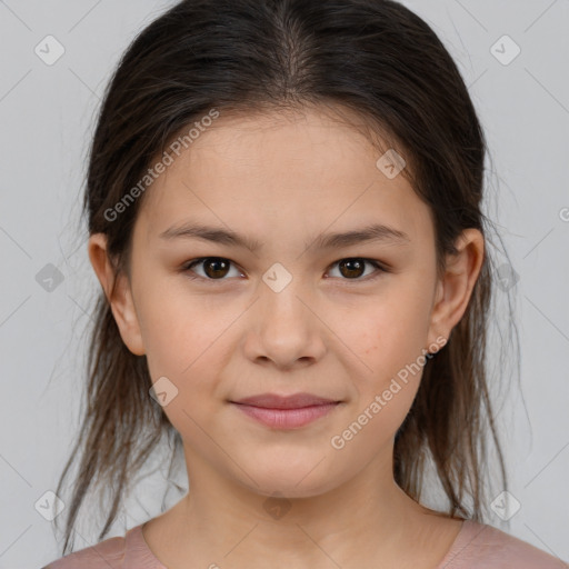 Joyful white child female with medium  brown hair and brown eyes