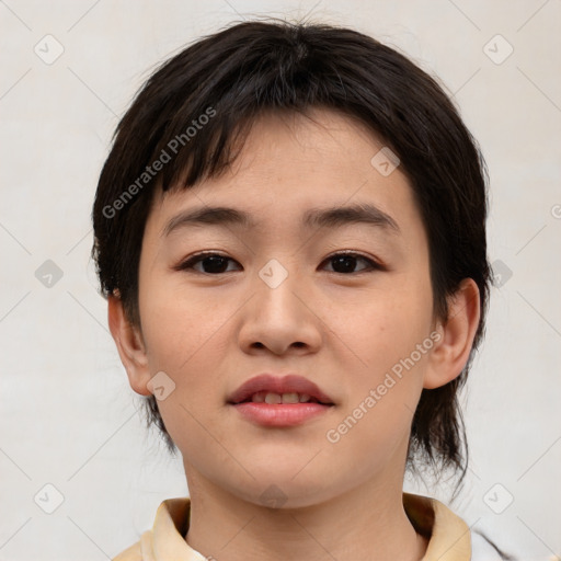 Neutral asian young-adult female with medium  brown hair and brown eyes