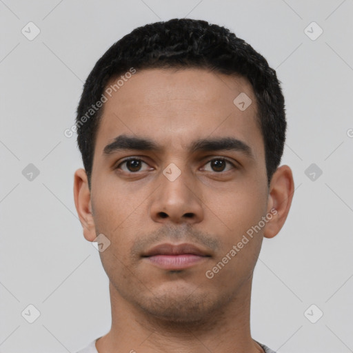 Neutral latino young-adult male with short  black hair and brown eyes