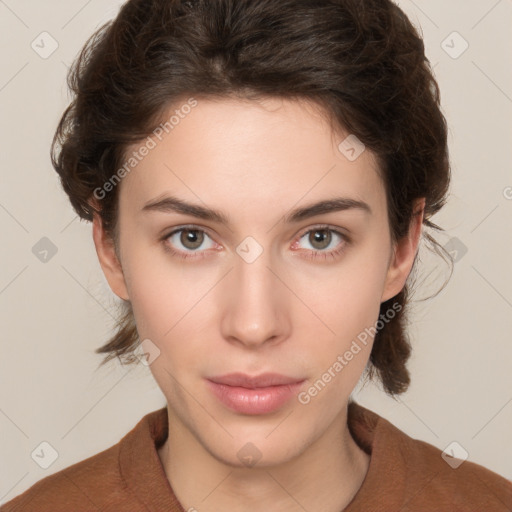 Neutral white young-adult female with medium  brown hair and brown eyes