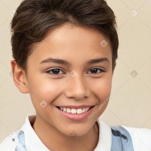 Joyful white child female with short  brown hair and brown eyes