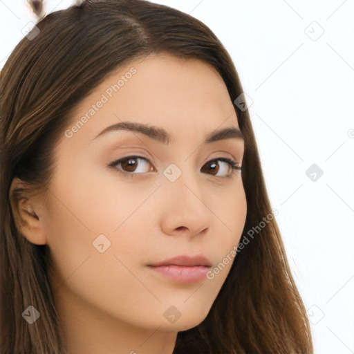 Neutral white young-adult female with long  brown hair and brown eyes