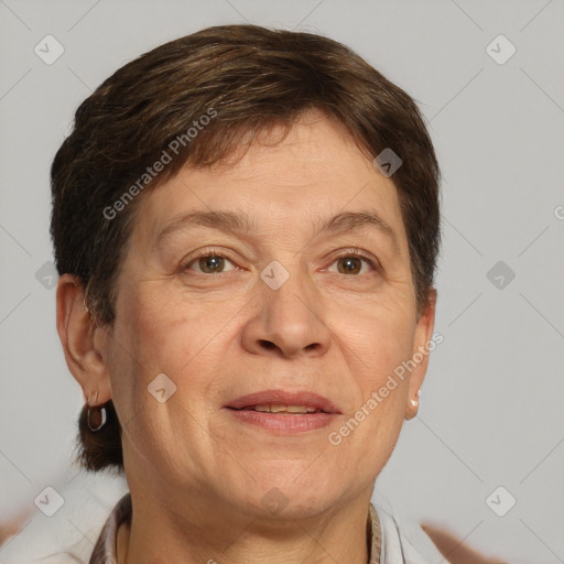 Joyful white adult female with short  brown hair and brown eyes