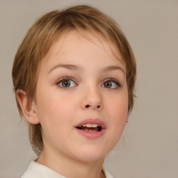 Joyful white child female with medium  brown hair and blue eyes