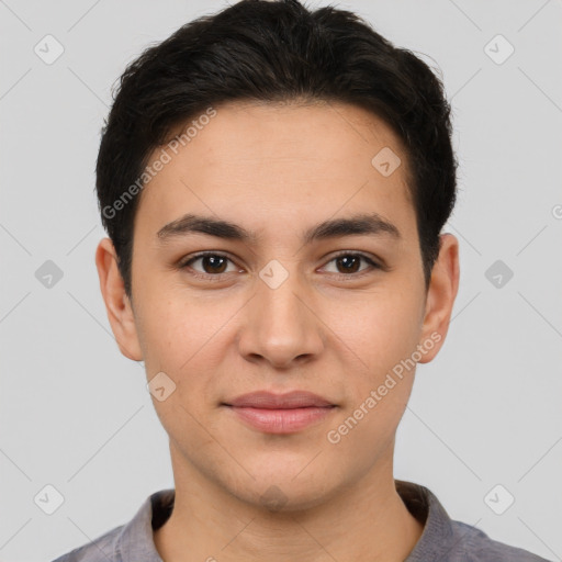 Joyful white young-adult male with short  brown hair and brown eyes