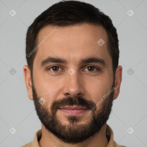 Joyful white young-adult male with short  brown hair and brown eyes