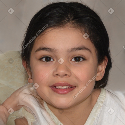 Joyful white child female with medium  brown hair and brown eyes