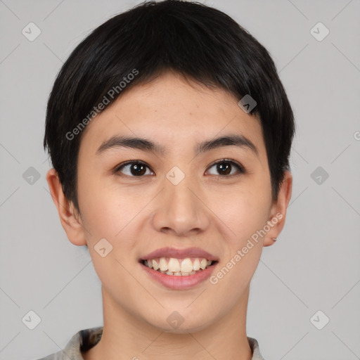 Joyful asian young-adult female with short  brown hair and brown eyes