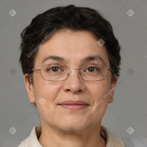 Joyful white adult female with short  brown hair and brown eyes