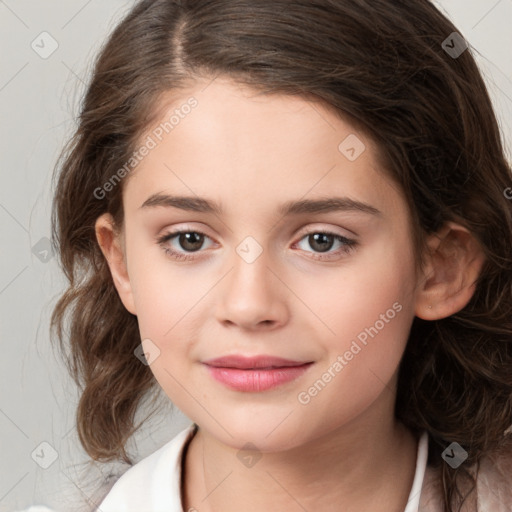 Joyful white child female with medium  brown hair and brown eyes