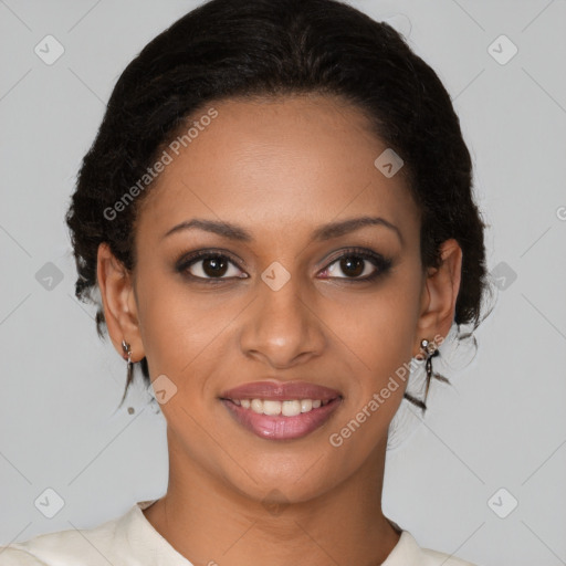 Joyful black young-adult female with short  brown hair and brown eyes