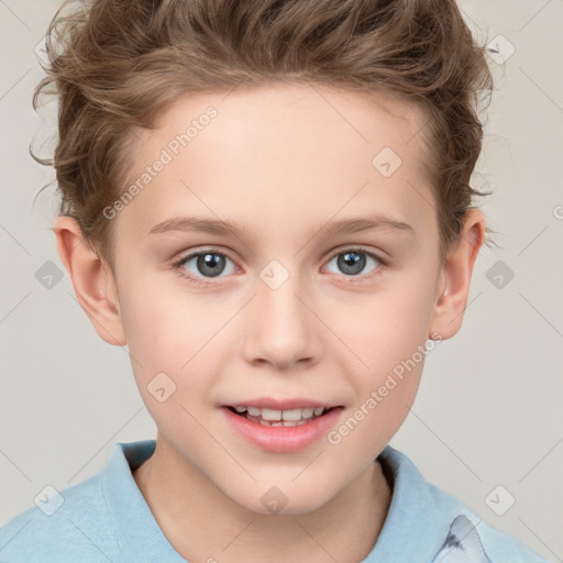 Joyful white child female with short  brown hair and grey eyes