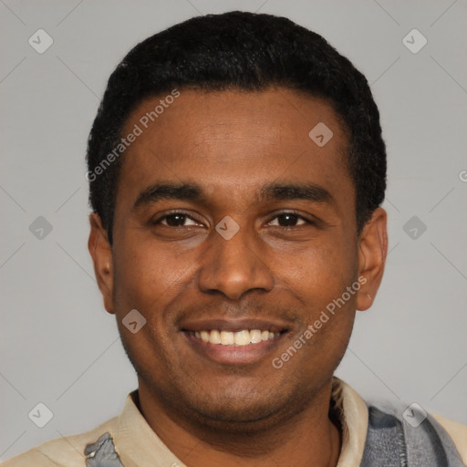 Joyful latino young-adult male with short  black hair and brown eyes