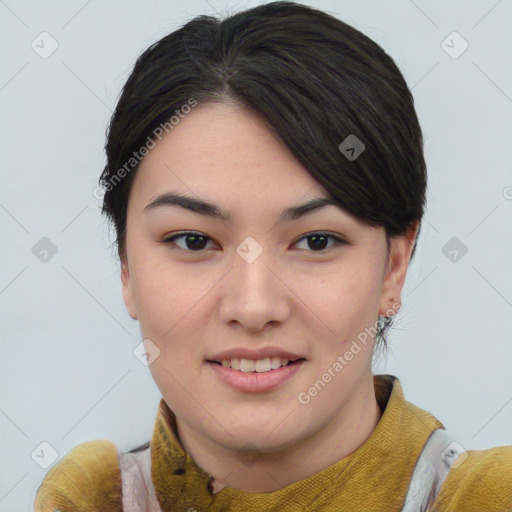 Joyful asian young-adult female with short  black hair and brown eyes