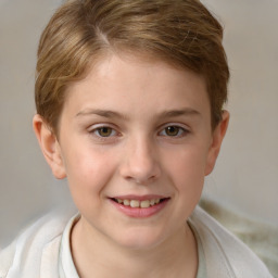 Joyful white child female with short  brown hair and brown eyes