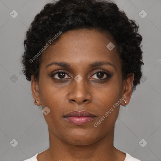 Neutral black young-adult female with short  brown hair and brown eyes