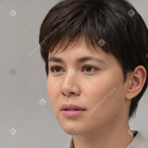 Neutral asian young-adult female with medium  brown hair and brown eyes
