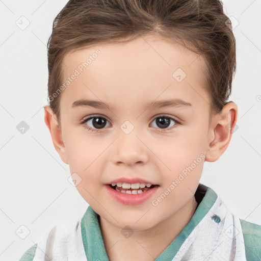 Joyful white child female with short  brown hair and brown eyes