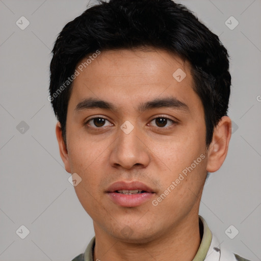 Neutral latino young-adult male with short  black hair and brown eyes