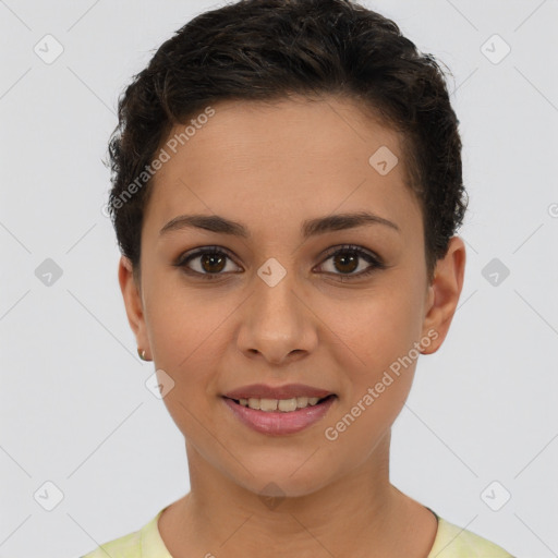 Joyful white young-adult female with short  brown hair and brown eyes