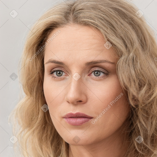 Neutral white young-adult female with long  brown hair and green eyes