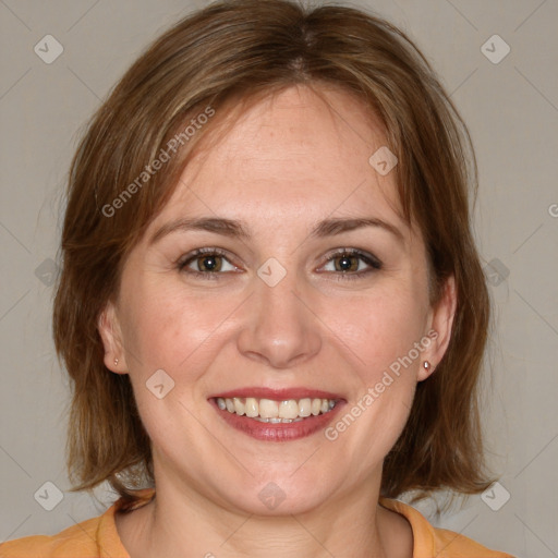 Joyful white young-adult female with medium  brown hair and grey eyes