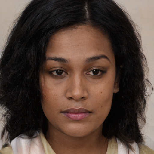 Neutral asian young-adult female with long  brown hair and brown eyes