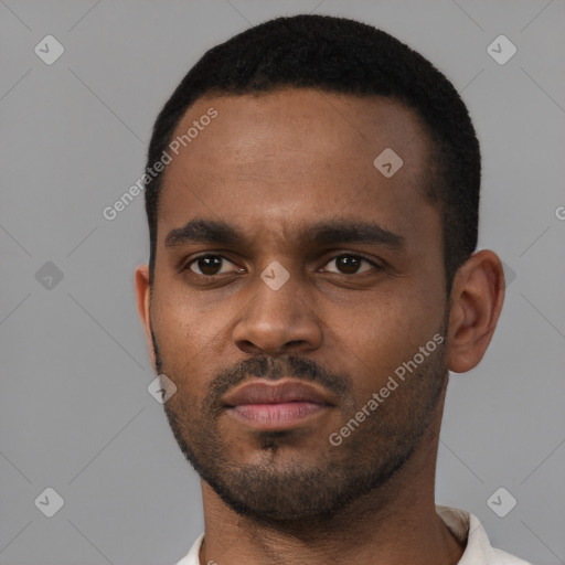 Neutral black young-adult male with short  black hair and brown eyes