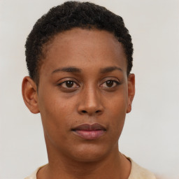 Neutral black young-adult female with short  brown hair and brown eyes