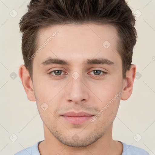 Neutral white young-adult male with short  brown hair and brown eyes