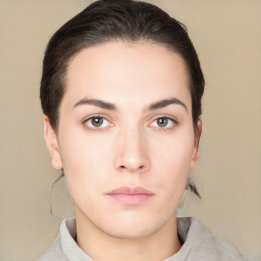 Neutral asian young-adult female with short  brown hair and brown eyes