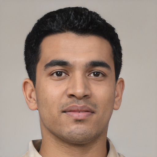 Neutral latino young-adult male with short  black hair and brown eyes