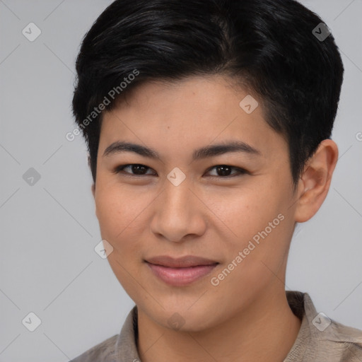 Joyful asian young-adult female with short  brown hair and brown eyes