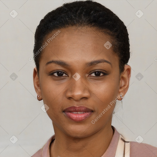 Joyful latino young-adult female with short  black hair and brown eyes