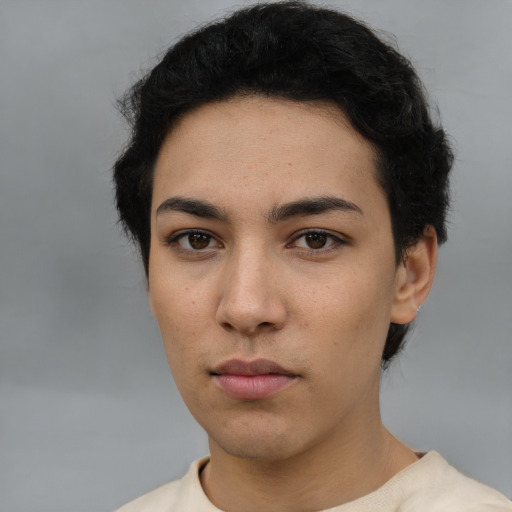 Neutral asian young-adult female with short  black hair and brown eyes