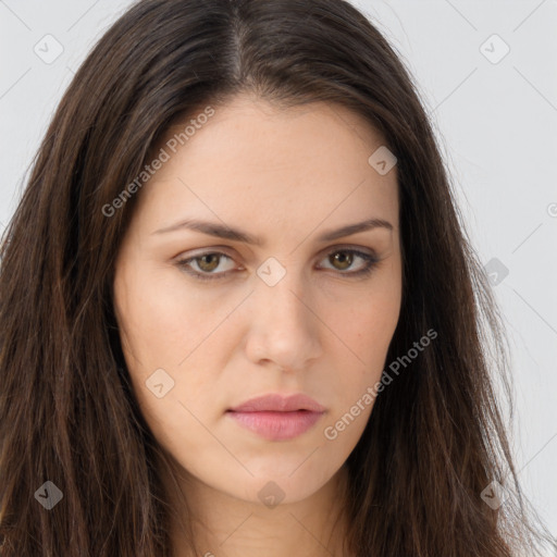 Neutral white young-adult female with long  brown hair and brown eyes