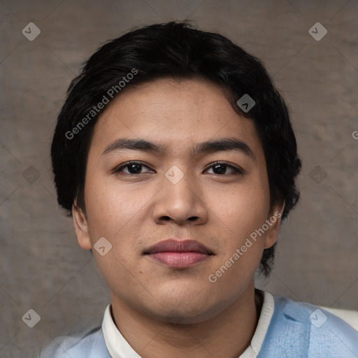 Joyful asian young-adult male with short  black hair and brown eyes