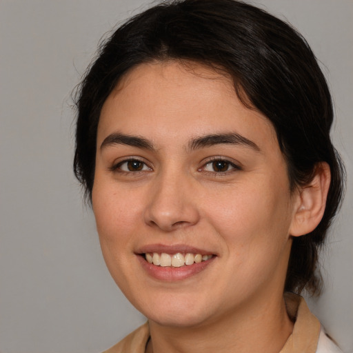 Joyful white young-adult female with medium  brown hair and brown eyes