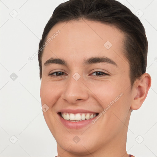 Joyful white young-adult female with short  brown hair and brown eyes