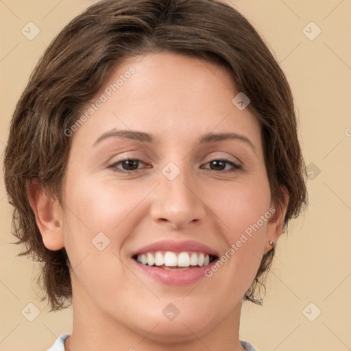 Joyful white young-adult female with medium  brown hair and green eyes